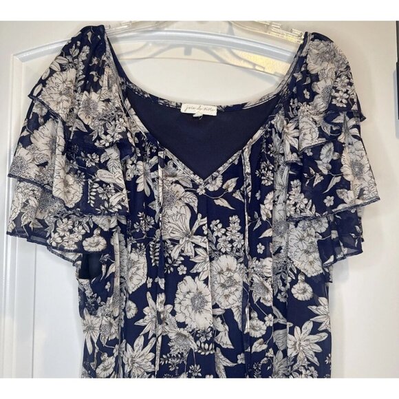 Joie de Vivre Blue Beige Floral Sheer Lined Flowy Flutter Sleeve Blouse Top 2X - Picture 2 of 9